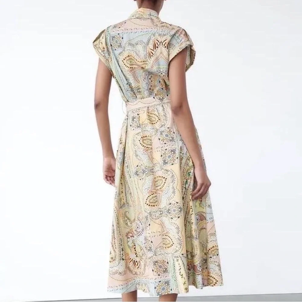 Zara Printed Belted Shirt Paisley sleeveless 100% cotton size large - Picture 4 of 11